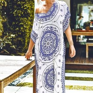 CUPSHE Boho Maxi Length Blue and White Print  Beach Coverup One Size Fits All